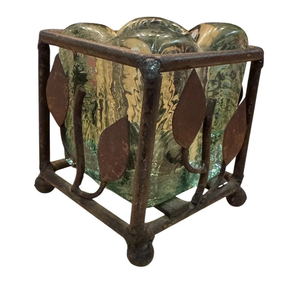 Mesa International Handcrafted Mexico Glass Wrought Iron Leaf Votive Holder
